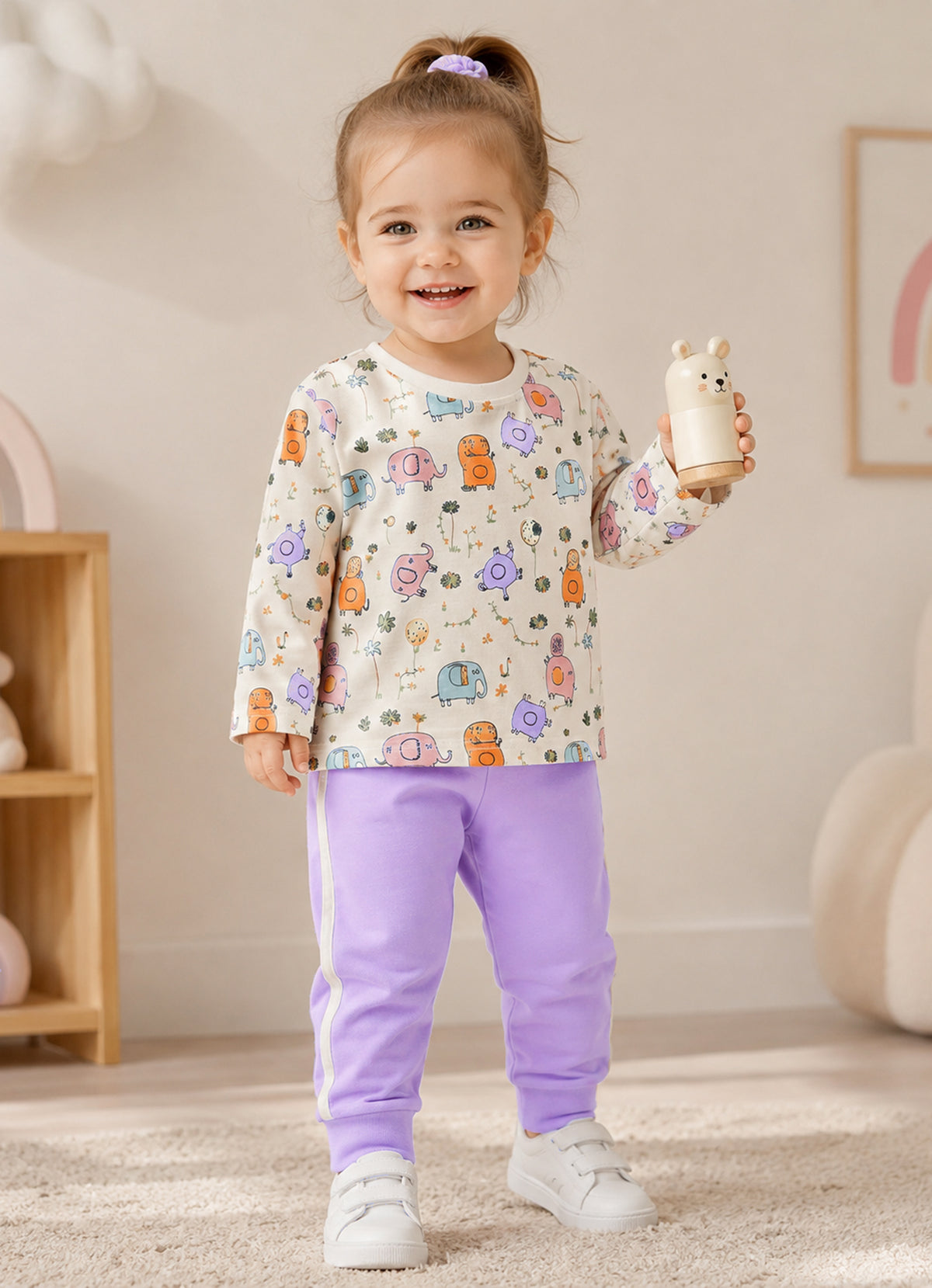 Bumzee Beige & Lavender Applique T-Shirt & Pyjama Set, Full Sleeves, 100% Cotton