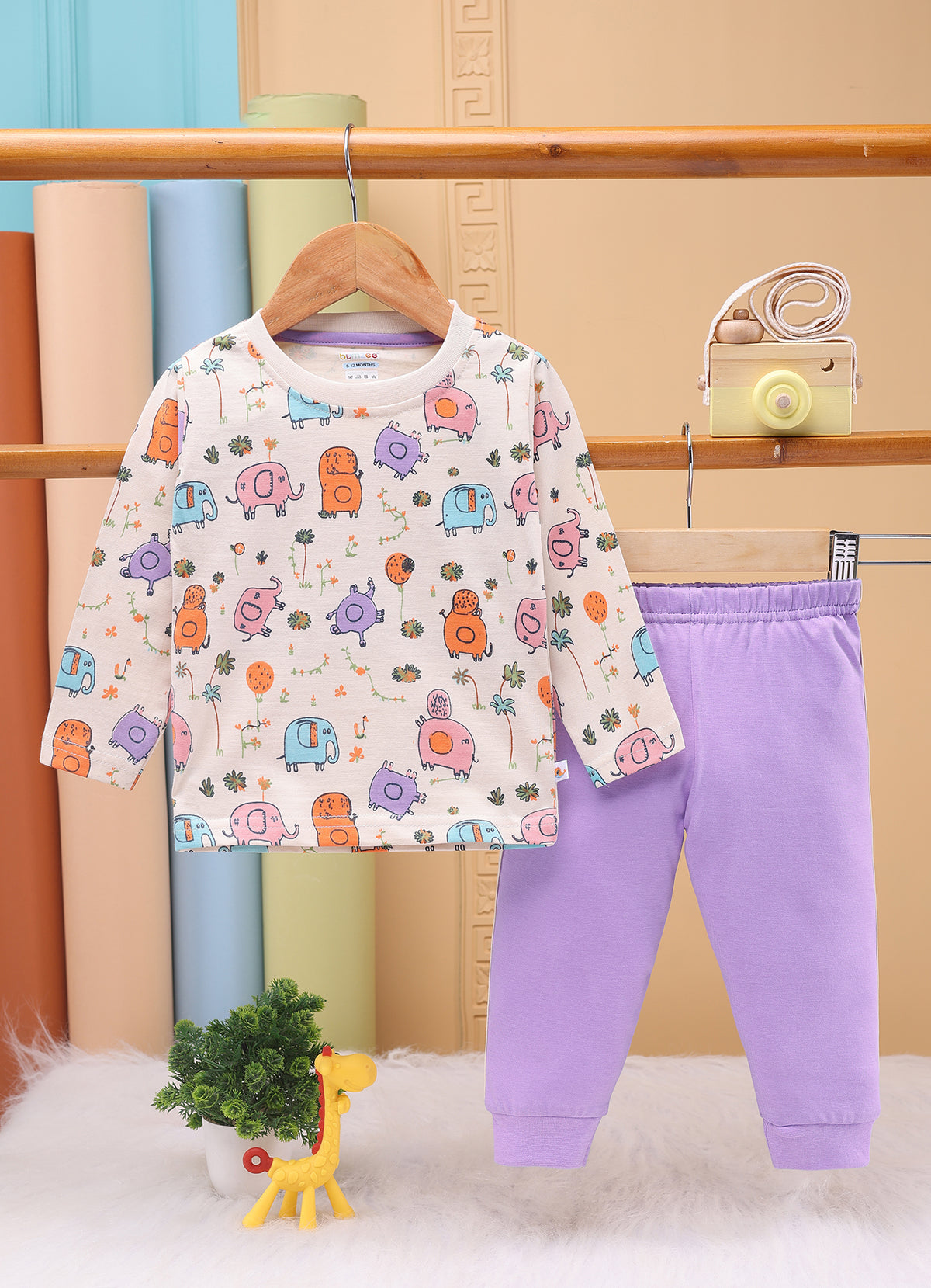 Bumzee Beige & Lavender Applique T-Shirt & Pyjama Set, Full Sleeves, 100% Cotton