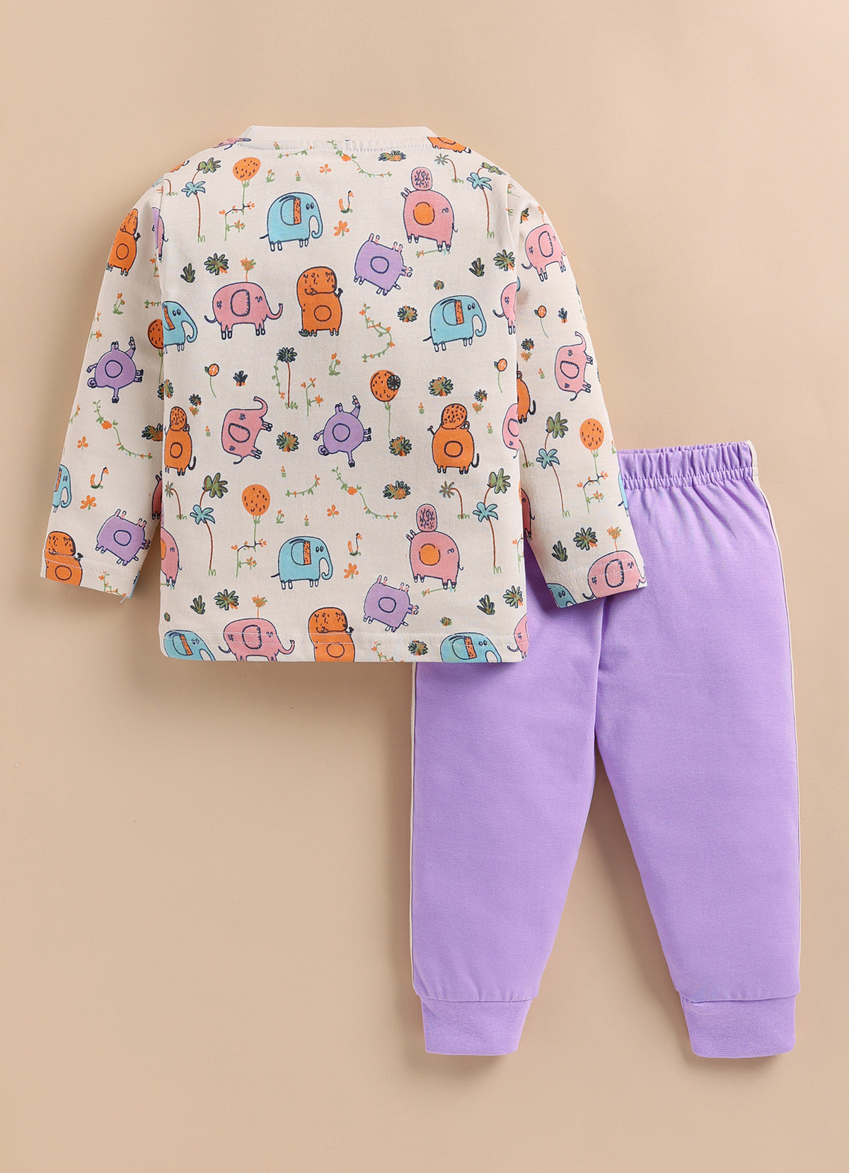 Bumzee Beige & Lavender Applique T-Shirt & Pyjama Set, Full Sleeves, 100% Cotton