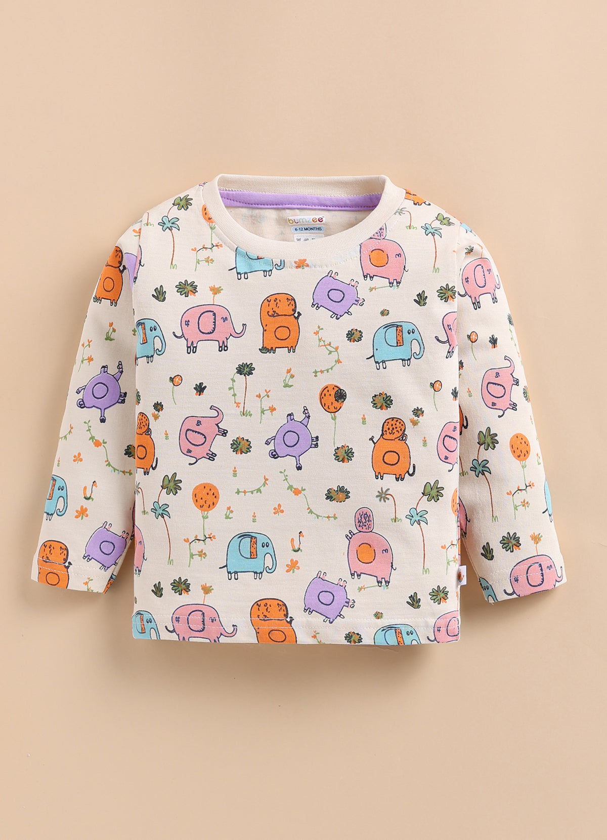 Bumzee Beige & Lavender Applique T-Shirt & Pyjama Set, Full Sleeves, 100% Cotton