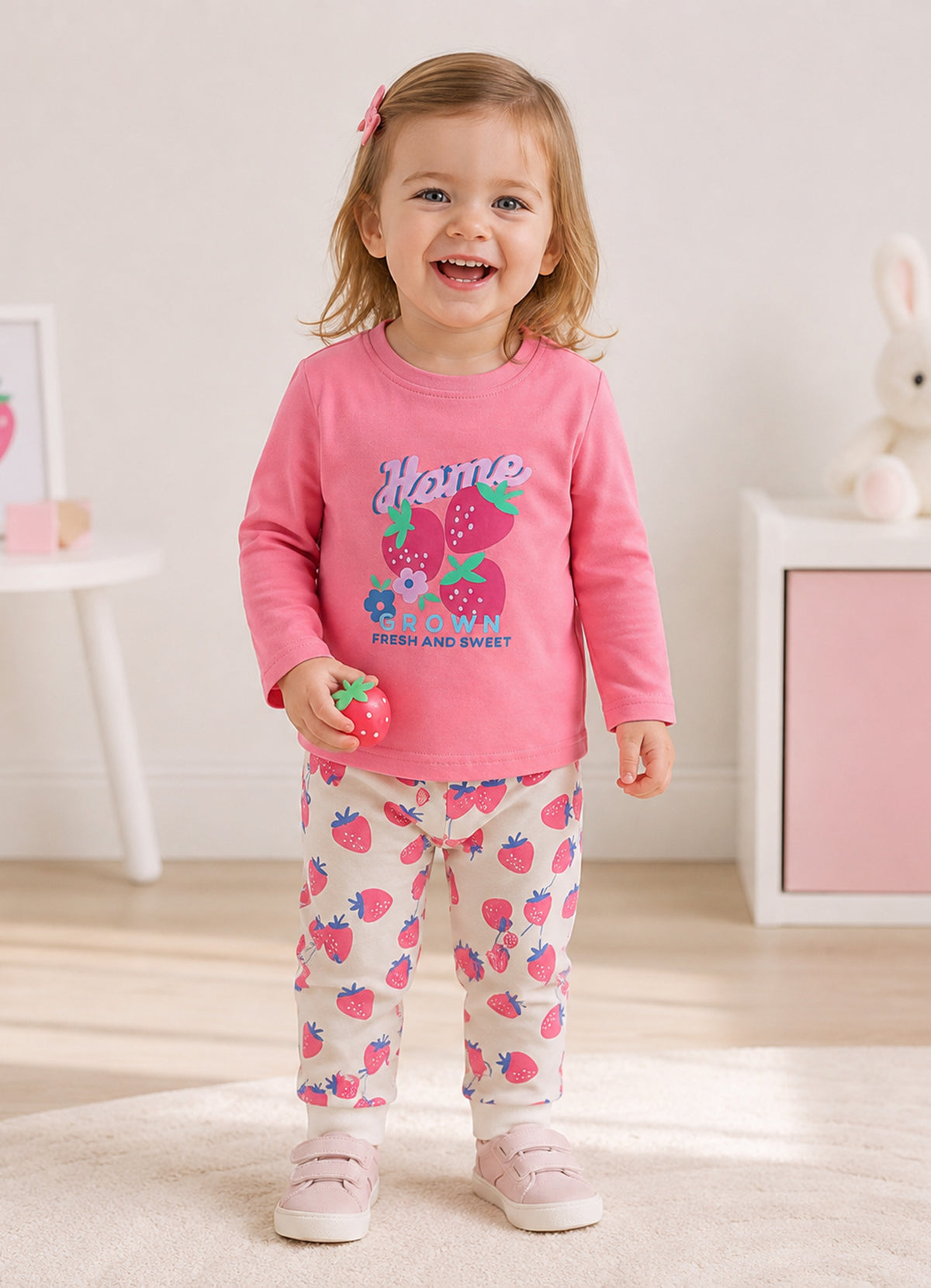 Bumzee Coral & Beige Graphic Print T-Shirt & Pyjama Set, Full Sleeves, 100% Cotton