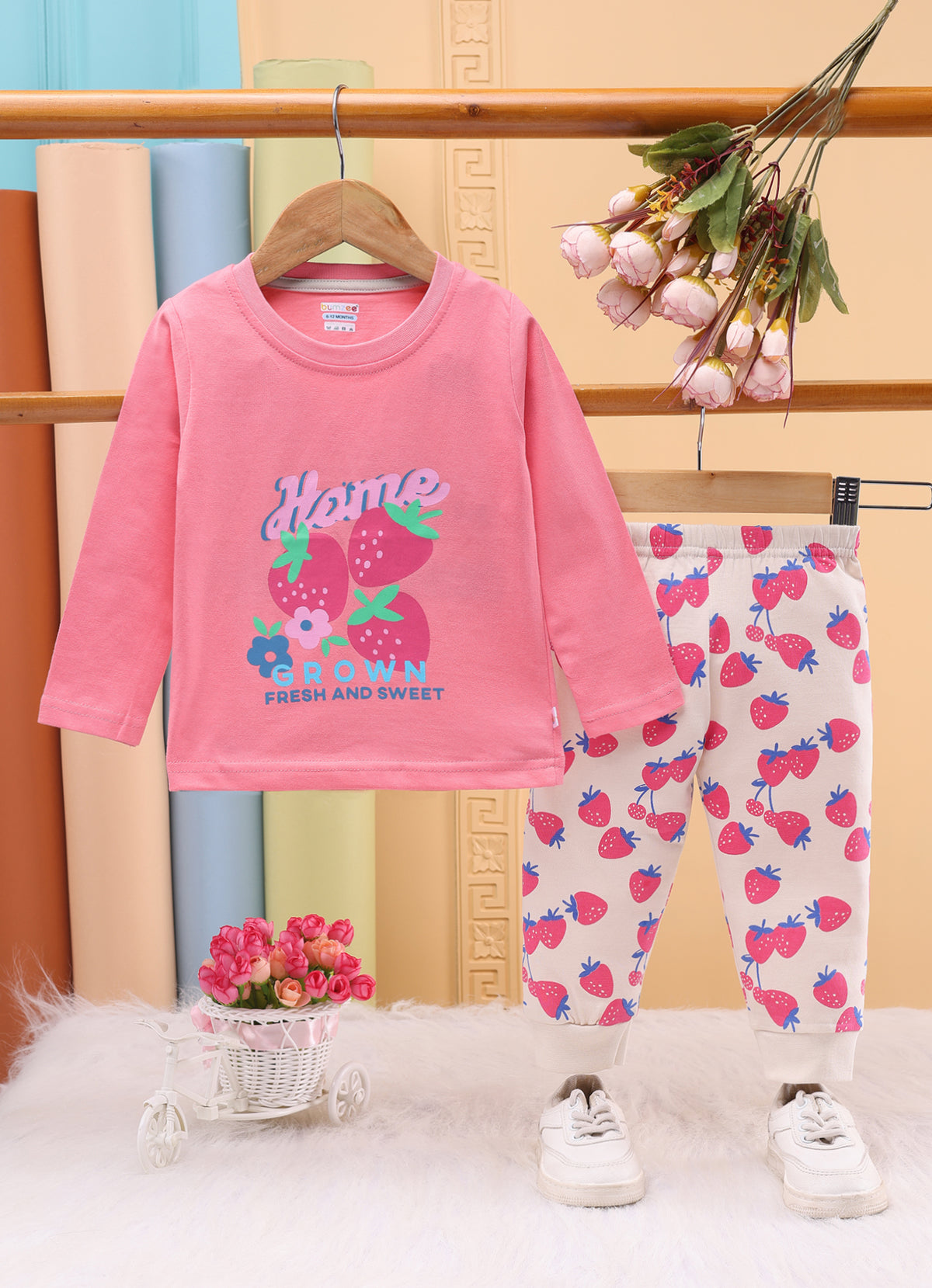 Bumzee Coral & Beige Graphic Print T-Shirt & Pyjama Set, Full Sleeves, 100% Cotton