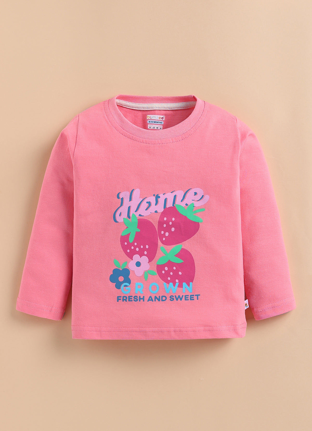 Bumzee Coral & Beige Graphic Print T-Shirt & Pyjama Set, Full Sleeves, 100% Cotton