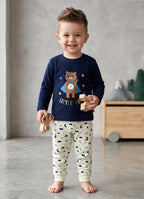Bumzee Navy & Beige Graphic Print T-Shirt & Pyjama Set, Full Sleeves, 100% Cotton