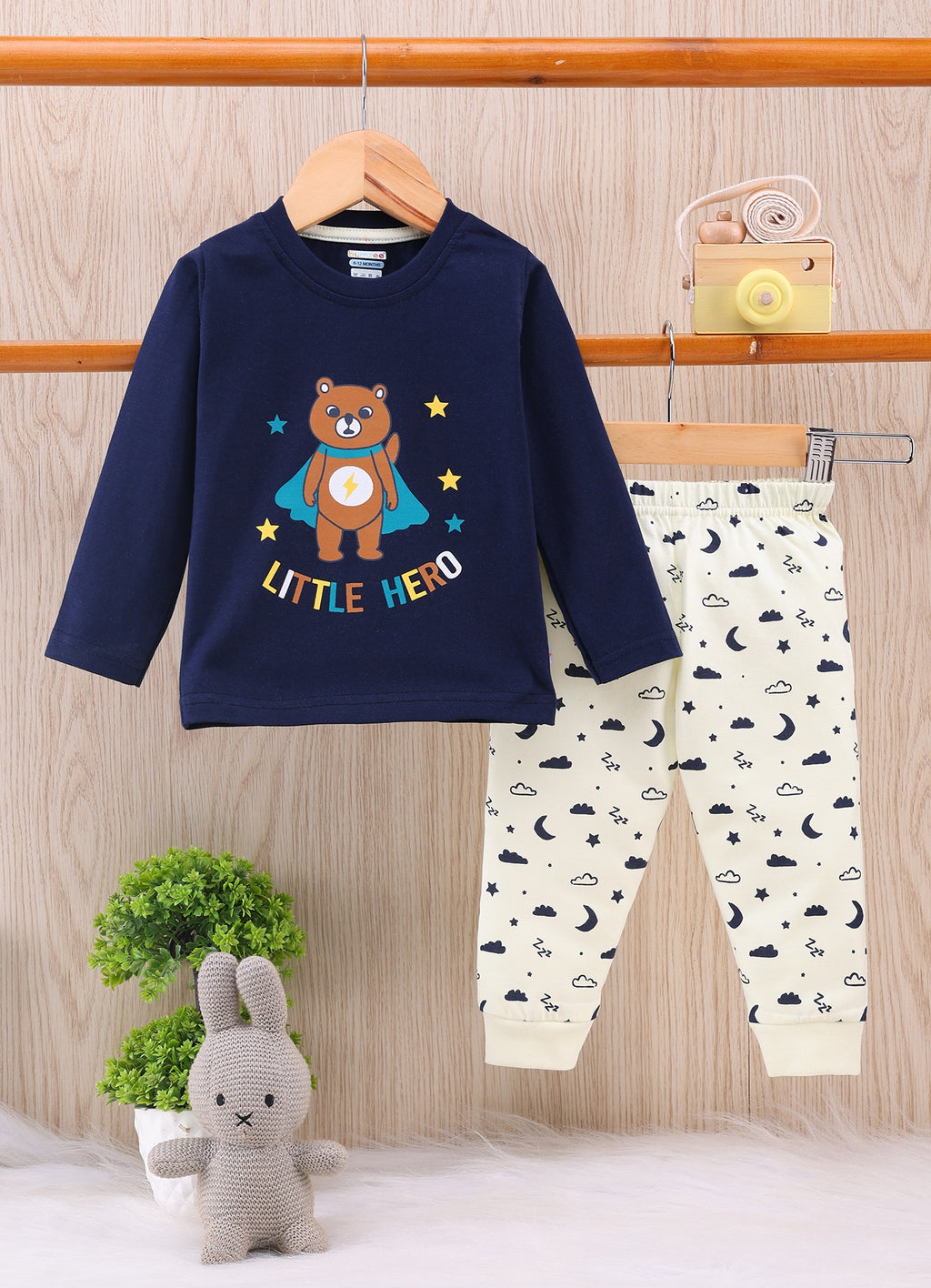 Bumzee Navy & Beige Graphic Print T-Shirt & Pyjama Set, Full Sleeves, 100% Cotton