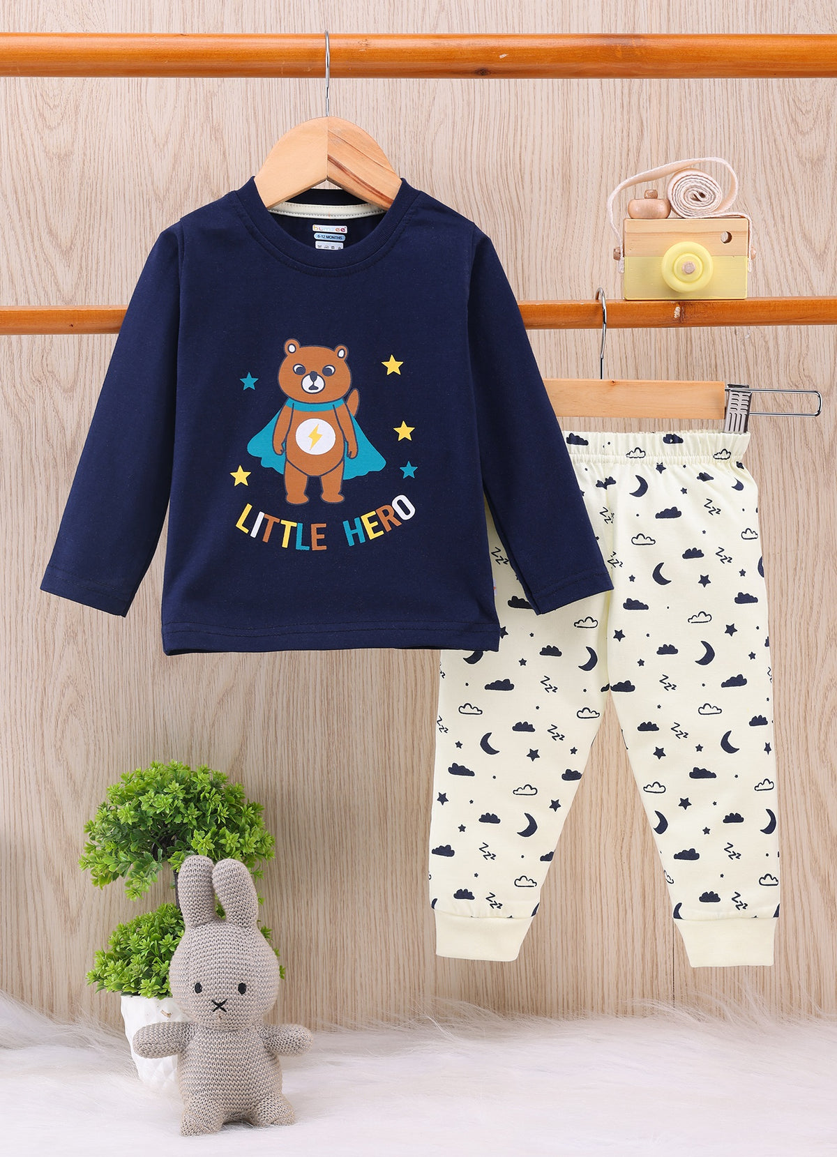 Bumzee Navy & Beige Graphic Print T-Shirt & Pyjama Set, Full Sleeves, 100% Cotton