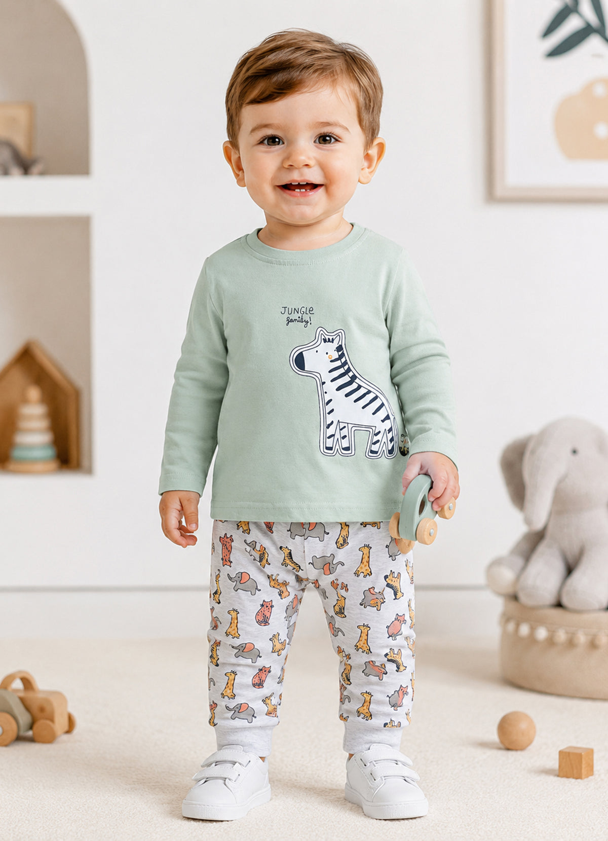 Bumzee Green & Grey Applique T-Shirt & Pyjama Set, Full Sleeves, 100% Cotton