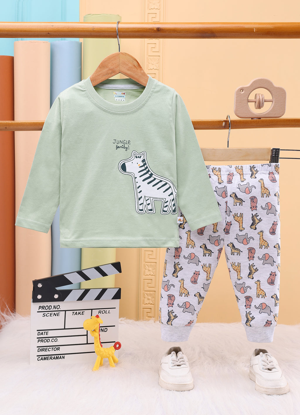 Bumzee Green & Grey Applique T-Shirt & Pyjama Set, Full Sleeves, 100% Cotton