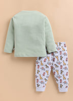 Bumzee Green & Grey Applique T-Shirt & Pyjama Set, Full Sleeves, 100% Cotton