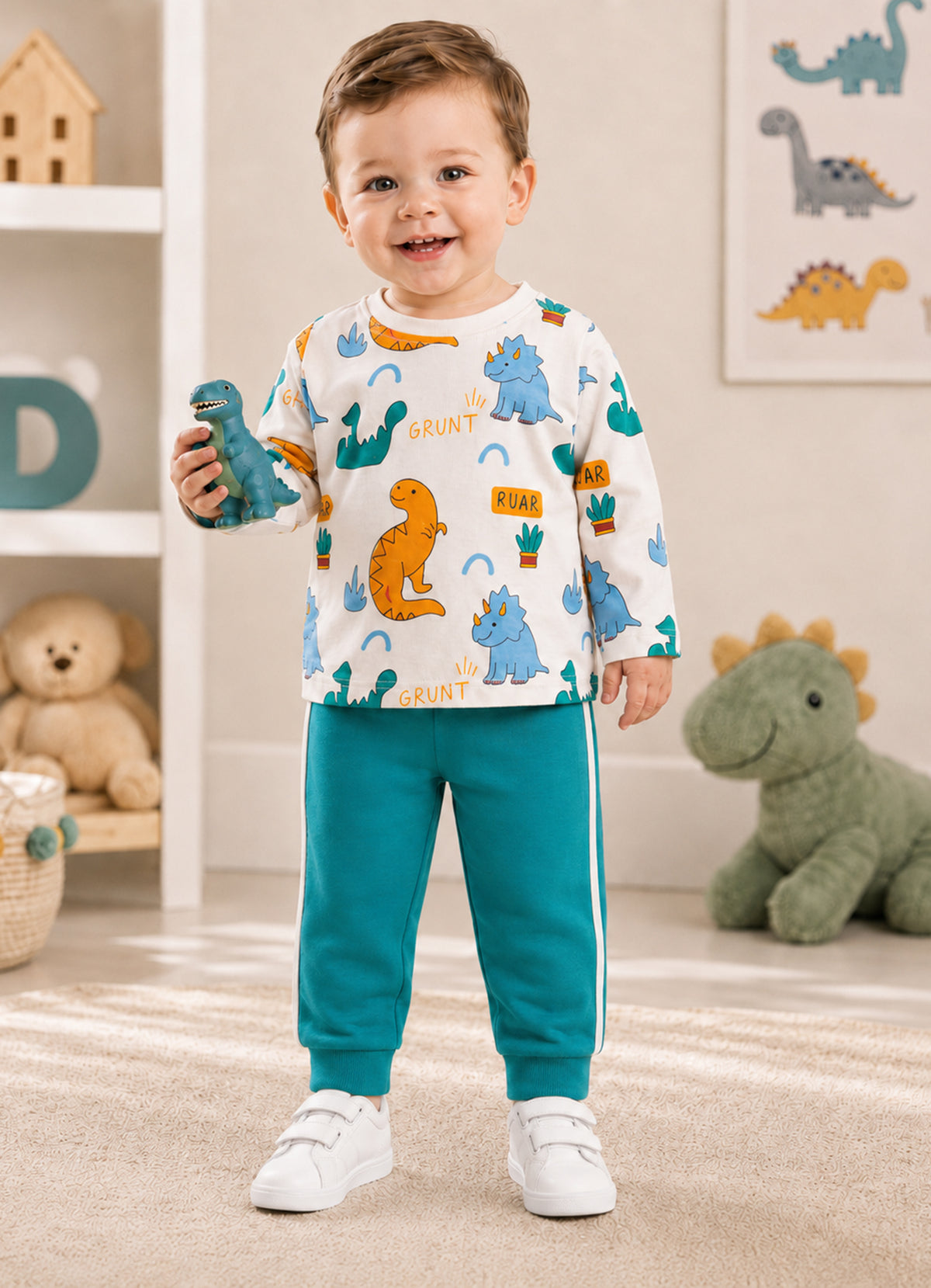 Bumzee Beige & Teal Animal Print T-Shirt & Pyjama Set, Full Sleeves, 100% Cotton