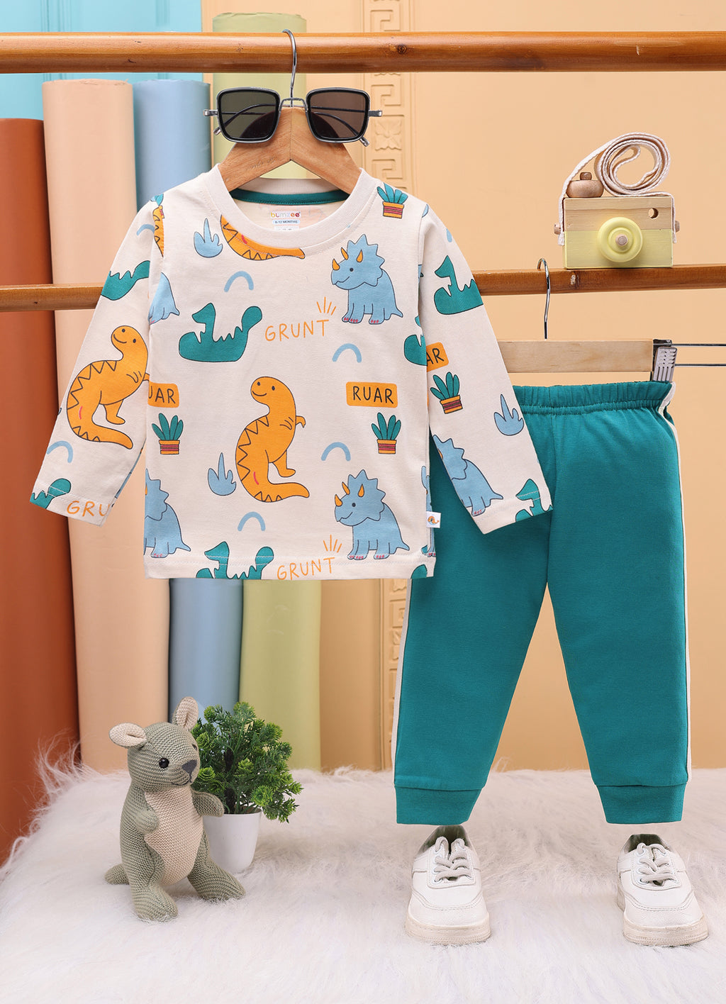Bumzee Beige & Teal Animal Print T-Shirt & Pyjama Set, Full Sleeves, 100% Cotton