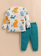 Bumzee Beige & Teal Animal Print T-Shirt & Pyjama Set, Full Sleeves, 100% Cotton
