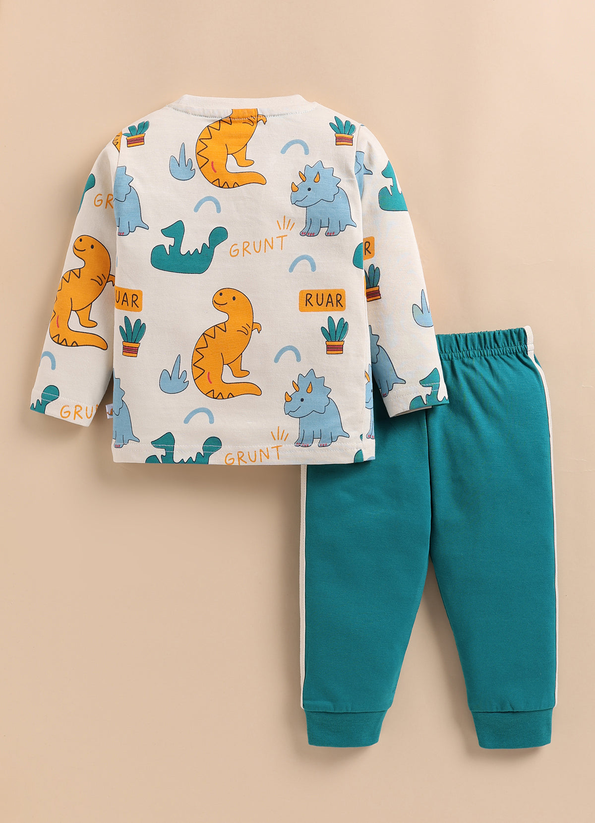 Bumzee Beige & Teal Animal Print T-Shirt & Pyjama Set, Full Sleeves, 100% Cotton