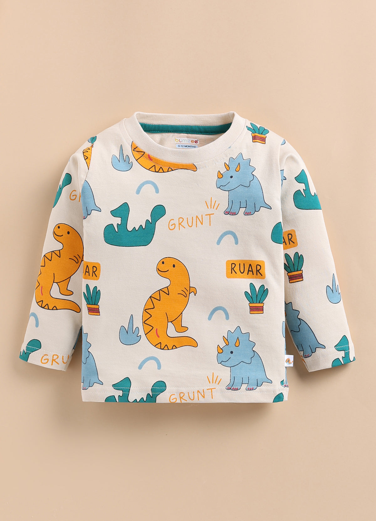 Bumzee Beige & Teal Animal Print T-Shirt & Pyjama Set, Full Sleeves, 100% Cotton