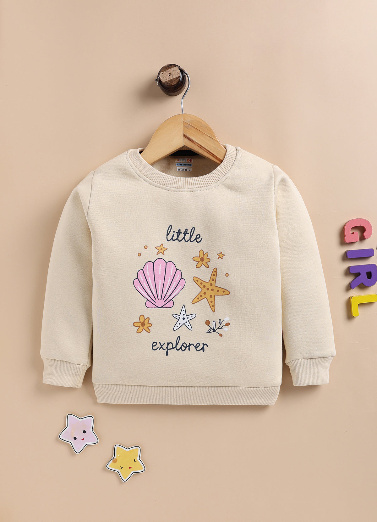Bumzee Beige Graphic Print Sweatshirt, Full Sleeves, Cotton Blend