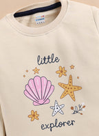 Bumzee Beige Graphic Print Sweatshirt, Full Sleeves, Cotton Blend