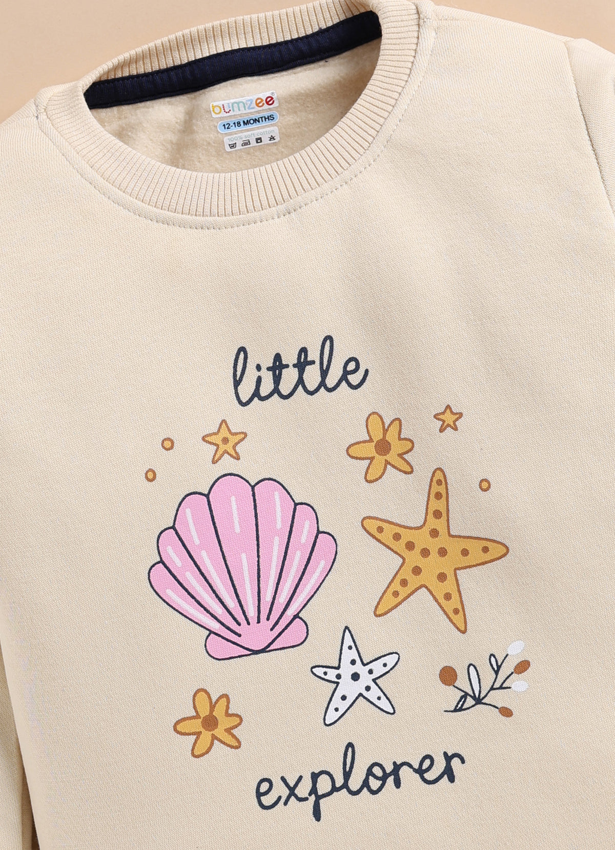 Bumzee Beige Graphic Print Sweatshirt, Full Sleeves, Cotton Blend