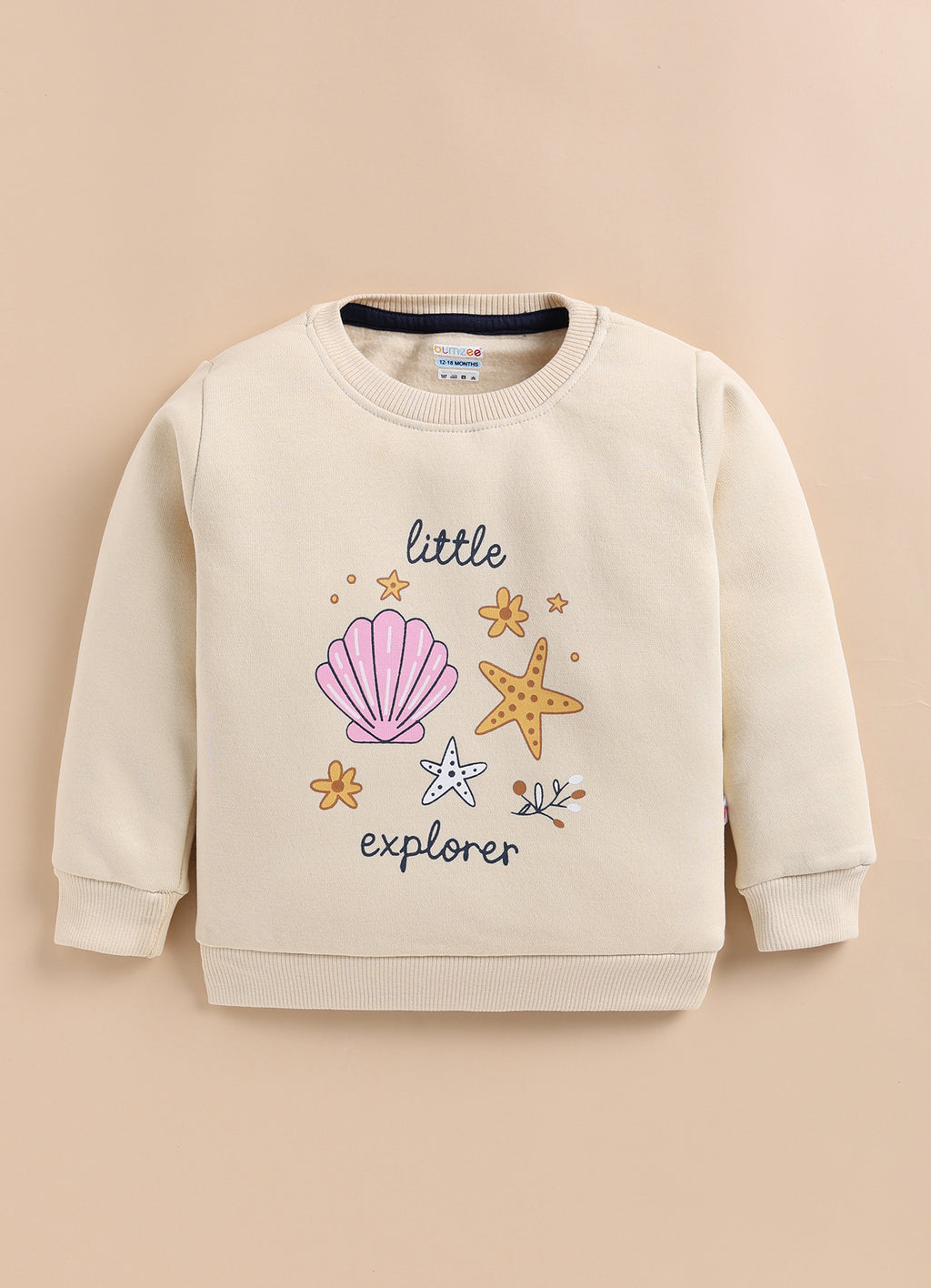Bumzee Beige Graphic Print Sweatshirt, Full Sleeves, Cotton Blend