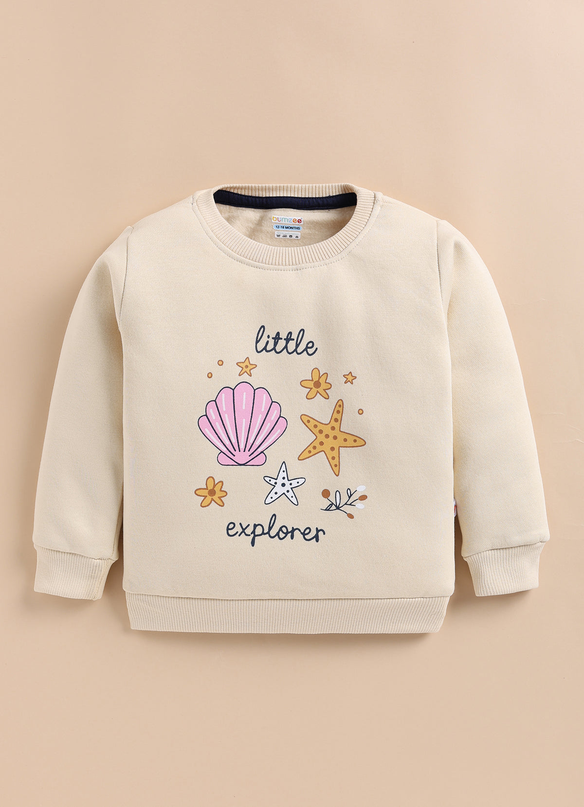 Bumzee Beige Graphic Print Sweatshirt, Full Sleeves, Cotton Blend