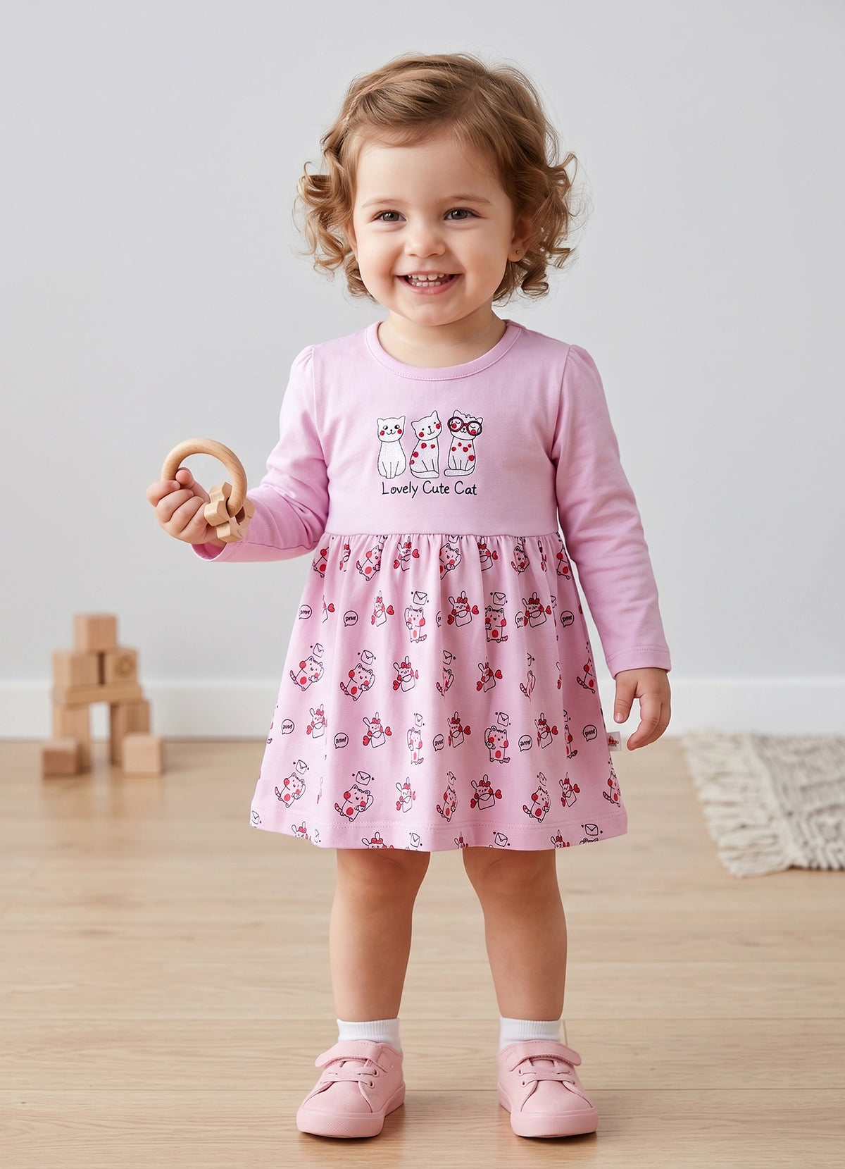 Bumzee Lilac Animal Print Frock, Full Sleeves, 100% Cotton
