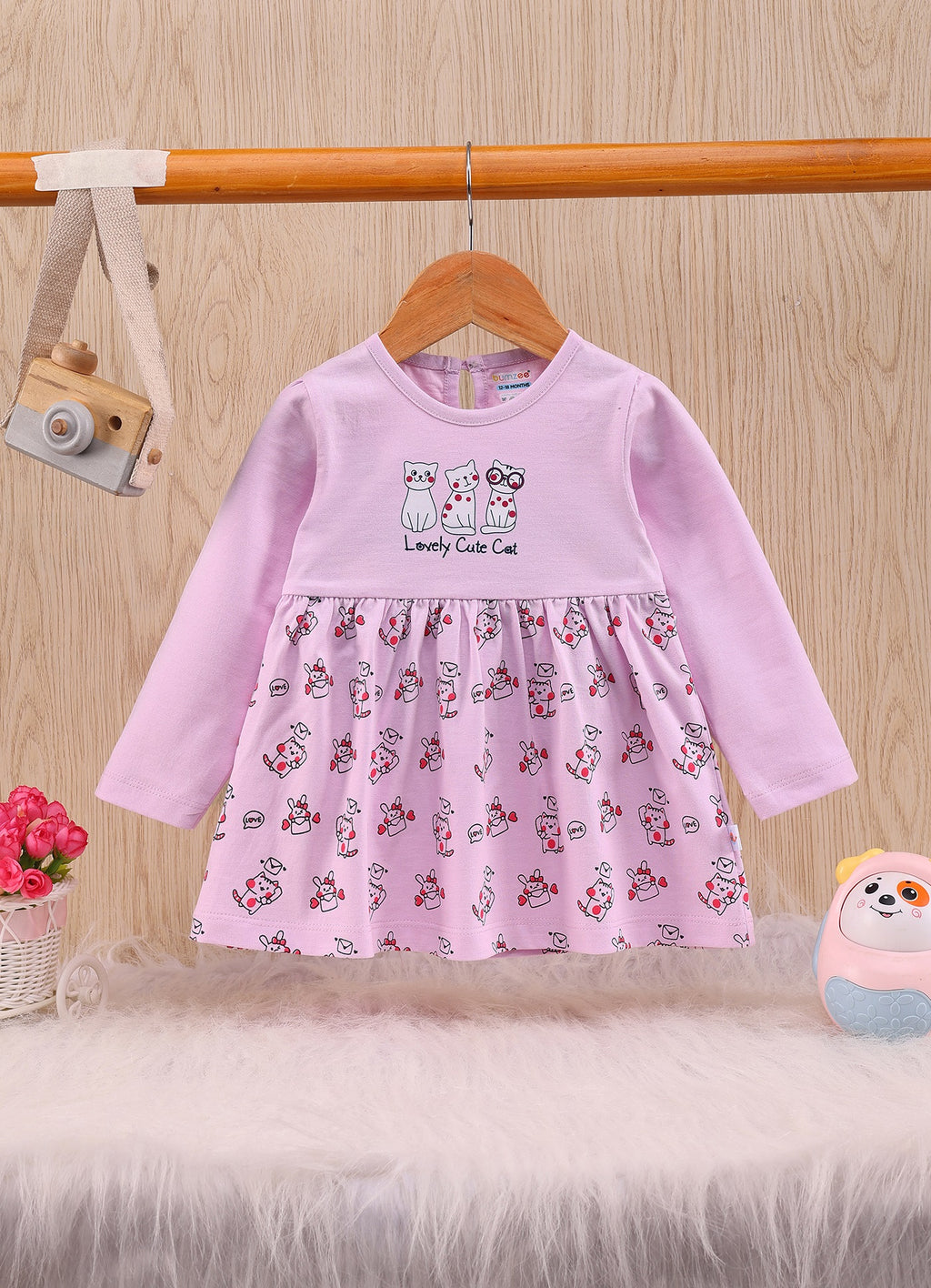 Bumzee Lilac Animal Print Frock, Full Sleeves, 100% Cotton