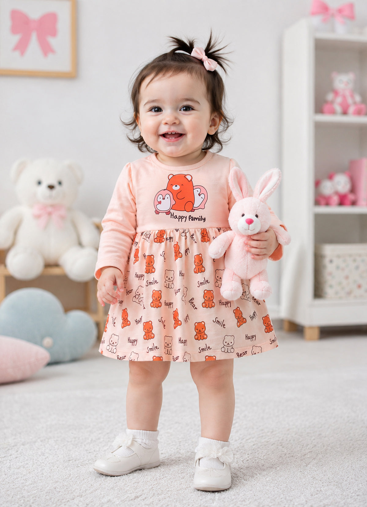 Bumzee Peach Animal Print Frock, Full Sleeves, 100% Cotton, Knee Length (Style Peb11793)