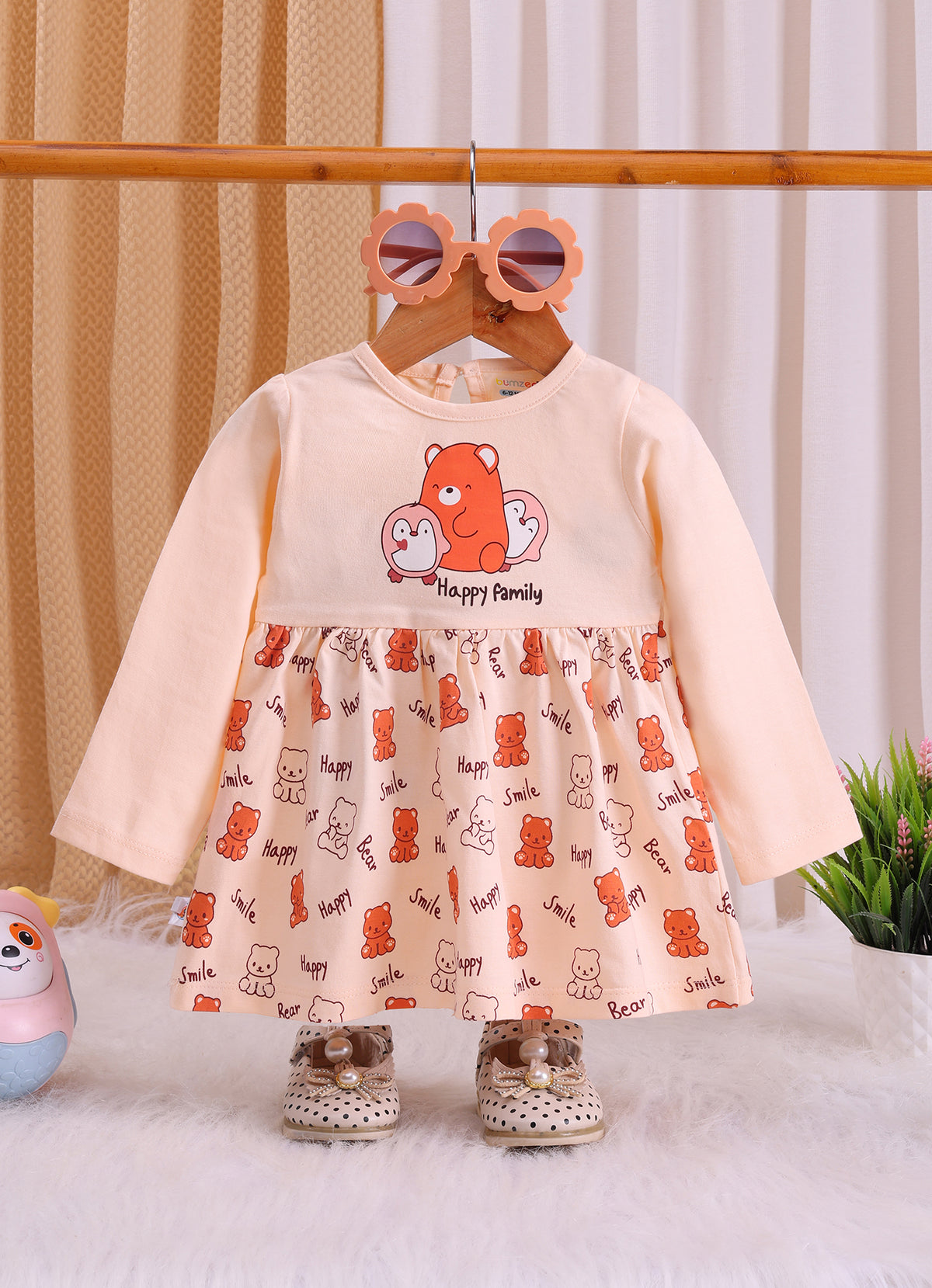 Bumzee Peach Animal Print Frock, Full Sleeves, 100% Cotton, Knee Length (Style Peb11793)