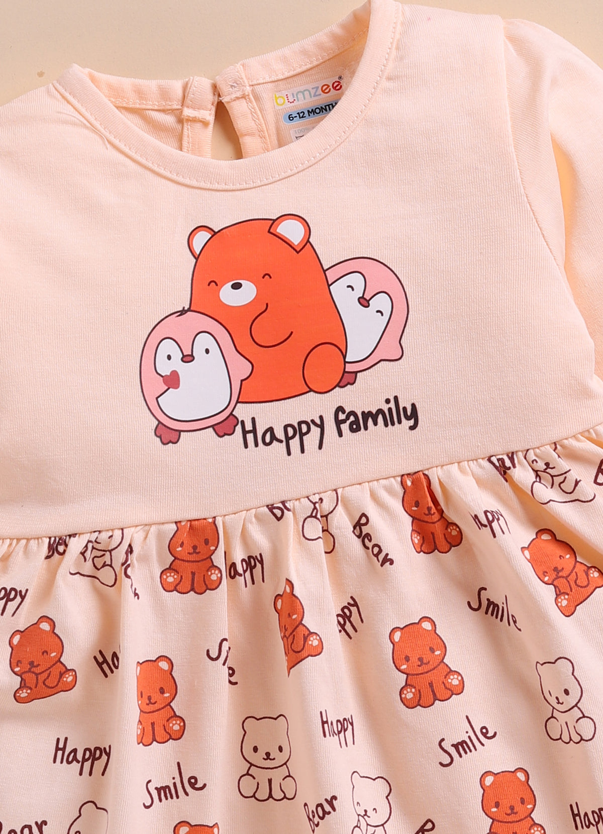 Bumzee Peach Animal Print Frock, Full Sleeves, 100% Cotton, Knee Length (Style Peb11793)