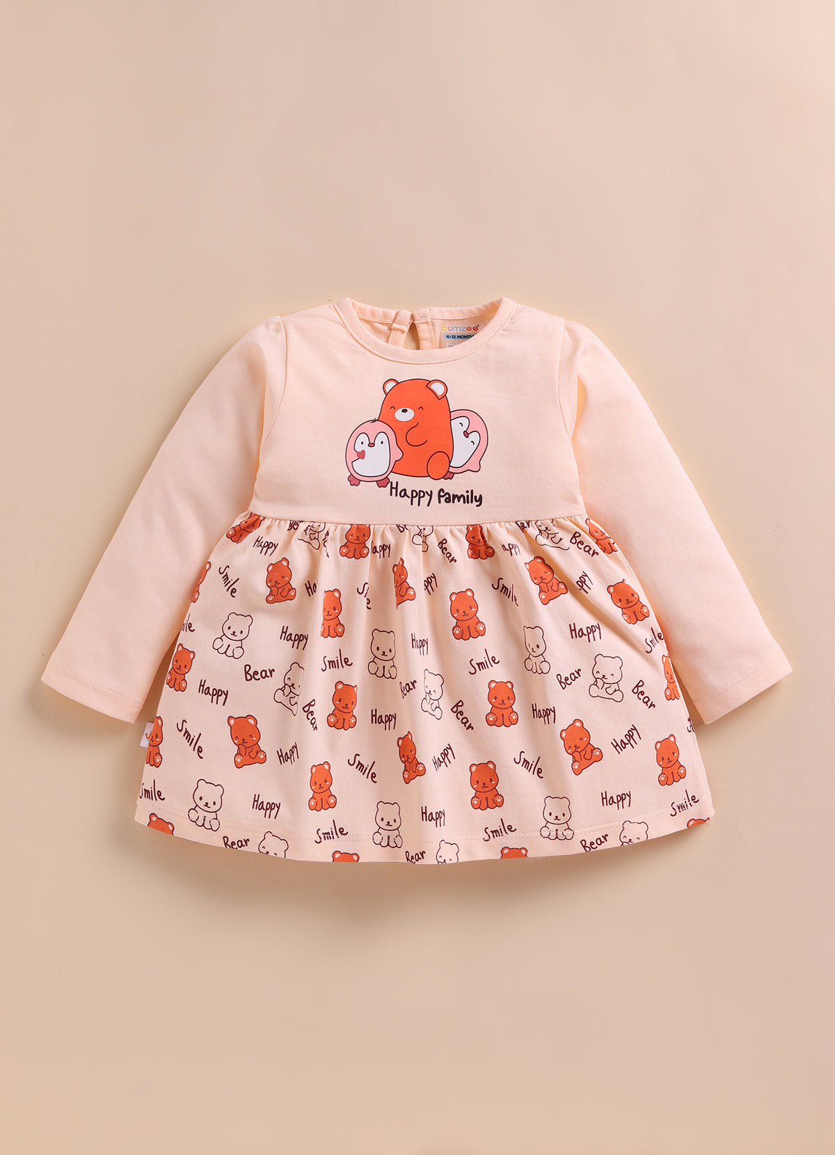 Bumzee Peach Animal Print Frock, Full Sleeves, 100% Cotton, Knee Length (Style Peb11793)