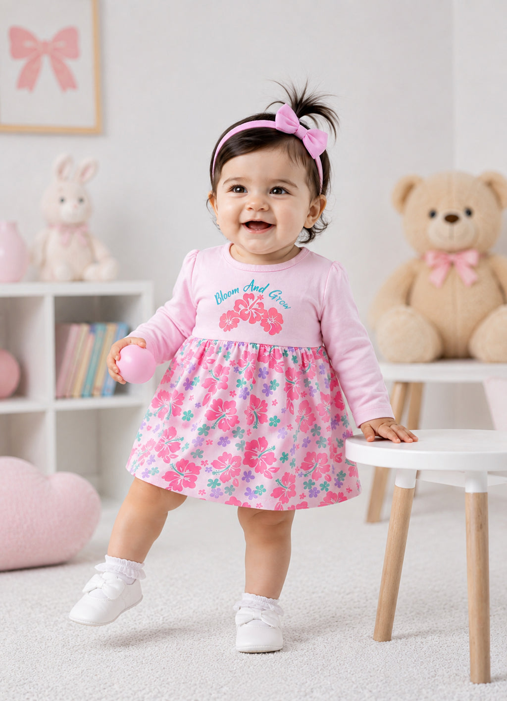 Bumzee Pink Floral Print Frock, Full Sleeves, 100% Cotton, Knee Length (Style Peb11794)