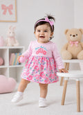 Bumzee Pink Floral Print Frock, Full Sleeves, 100% Cotton, Knee Length (Style Peb11794)