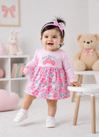 Bumzee Pink Floral Print Frock, Full Sleeves, 100% Cotton, Knee Length (Style Peb11794)
