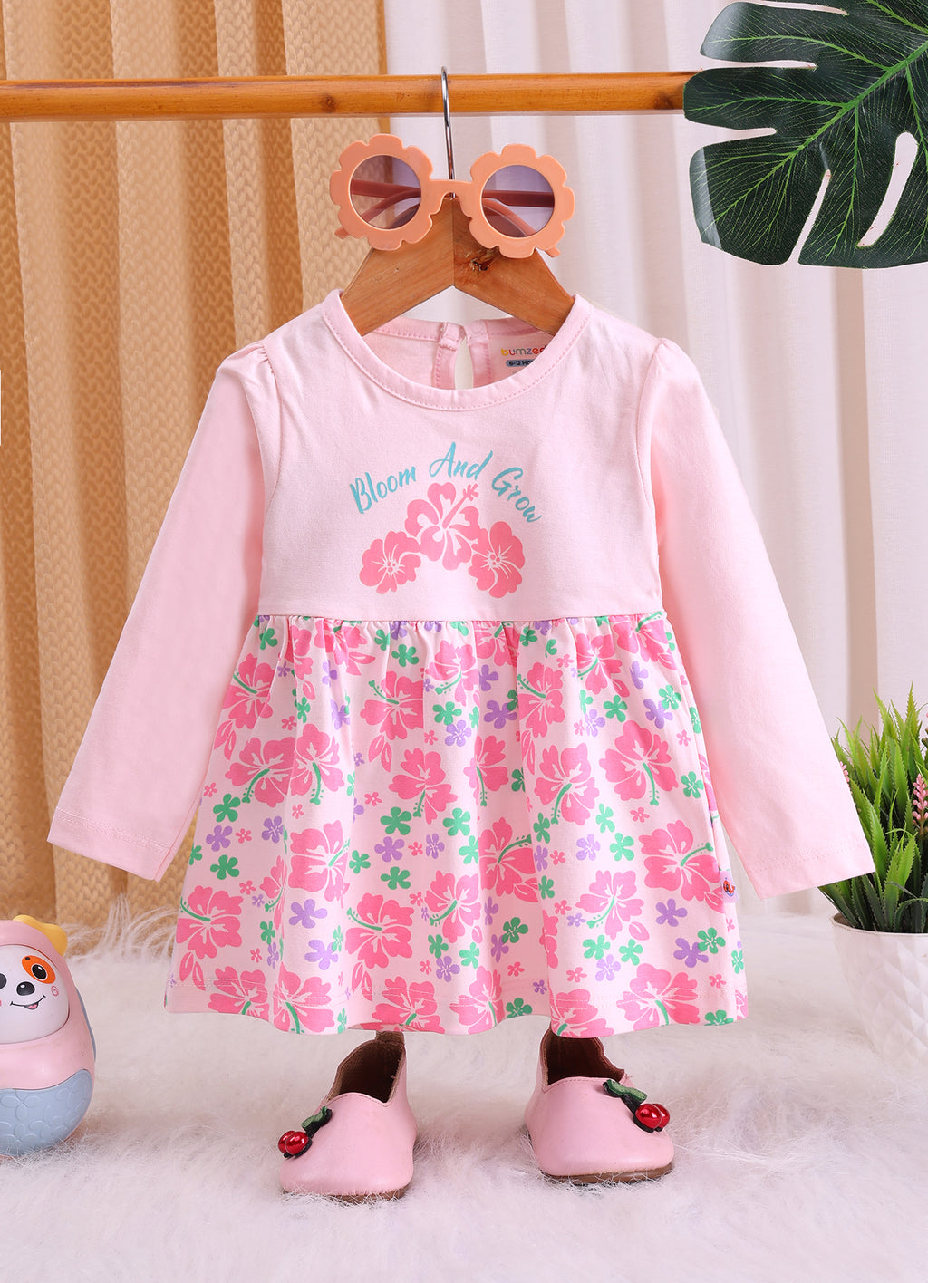 Bumzee Pink Floral Print Frock, Full Sleeves, 100% Cotton, Knee Length (Style Peb11794)