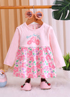 Bumzee Pink Floral Print Frock, Full Sleeves, 100% Cotton, Knee Length (Style Peb11794)