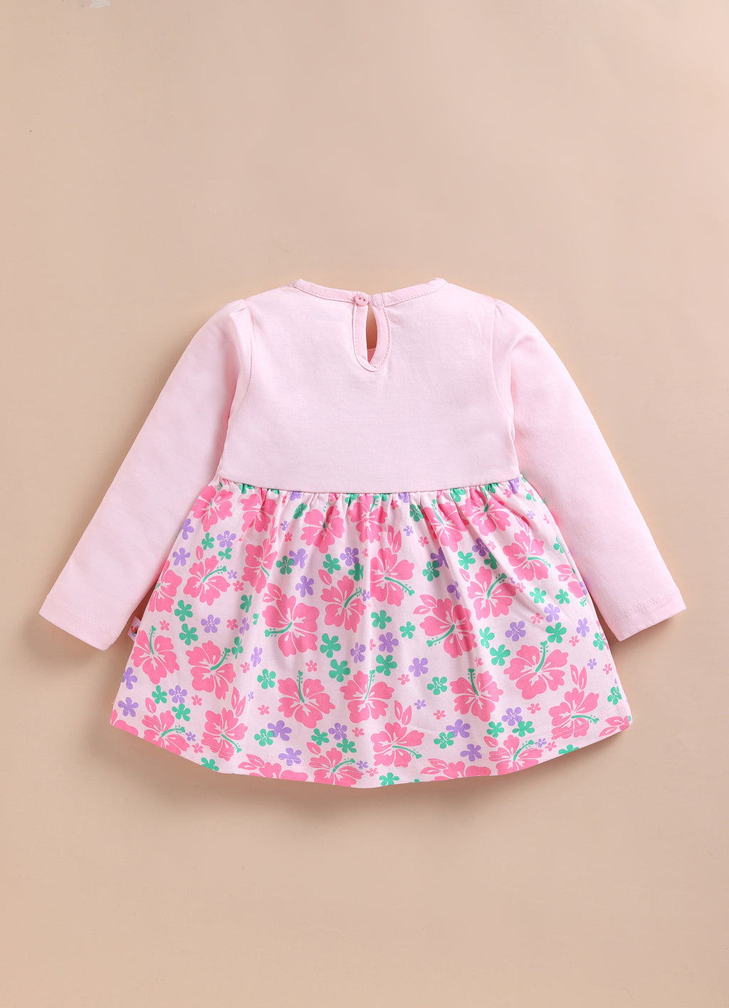 Bumzee Pink Floral Print Frock, Full Sleeves, 100% Cotton, Knee Length (Style Peb11794)