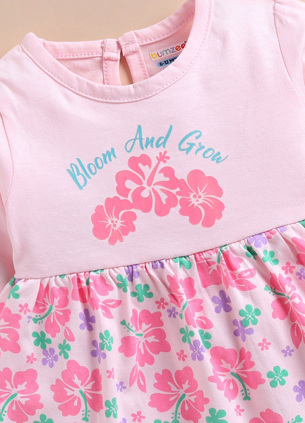 Bumzee Pink Floral Print Frock, Full Sleeves, 100% Cotton, Knee Length (Style Peb11794)