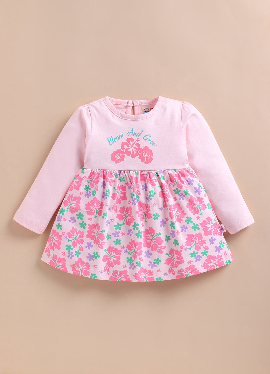 Bumzee Pink Floral Print Frock, Full Sleeves, 100% Cotton, Knee Length (Style Peb11794)