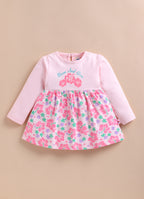 Bumzee Pink Floral Print Frock, Full Sleeves, 100% Cotton, Knee Length (Style Peb11794)