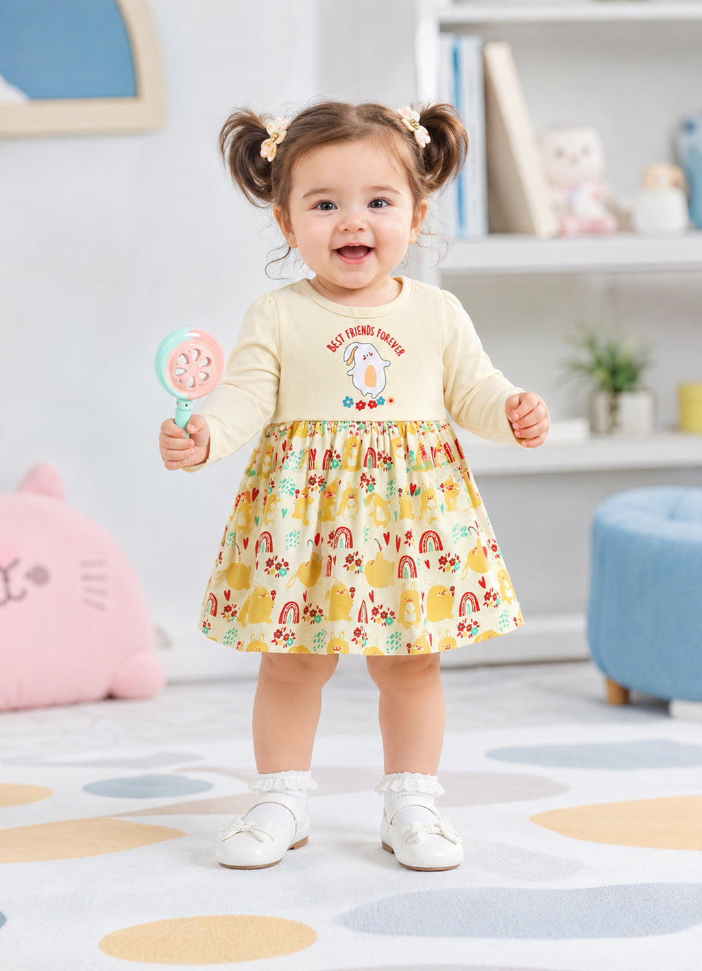 Bumzee Beige Animal Print Frock, Full Sleeves, 100% Cotton