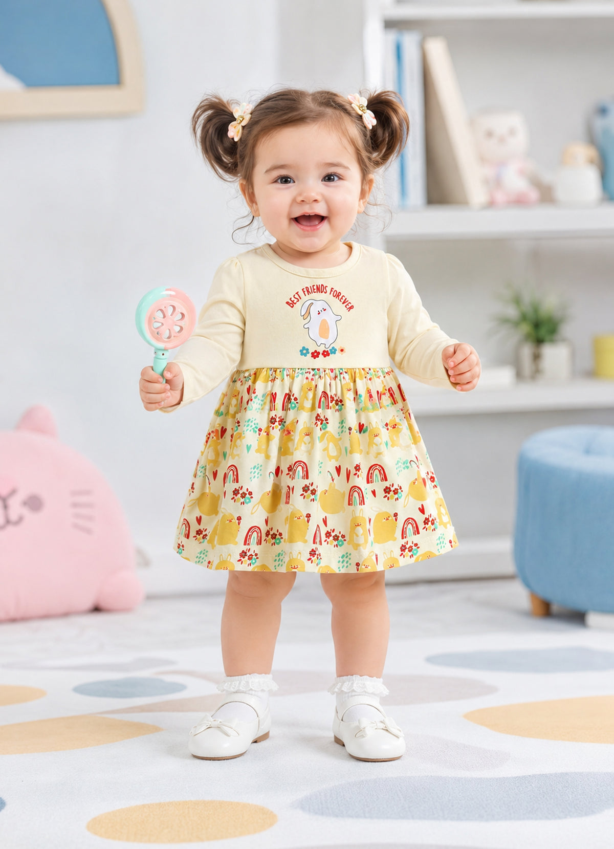 Bumzee Beige Animal Print Frock, Full Sleeves, 100% Cotton