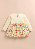 Bumzee Beige Animal Print Frock, Full Sleeves, 100% Cotton