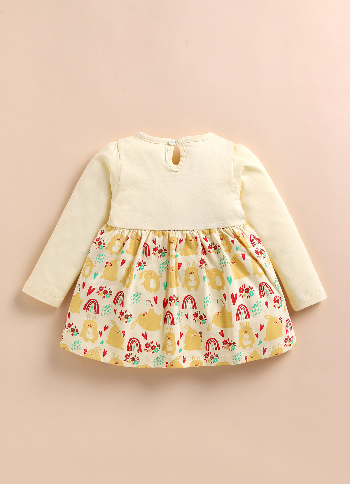 Bumzee Beige Animal Print Frock, Full Sleeves, 100% Cotton