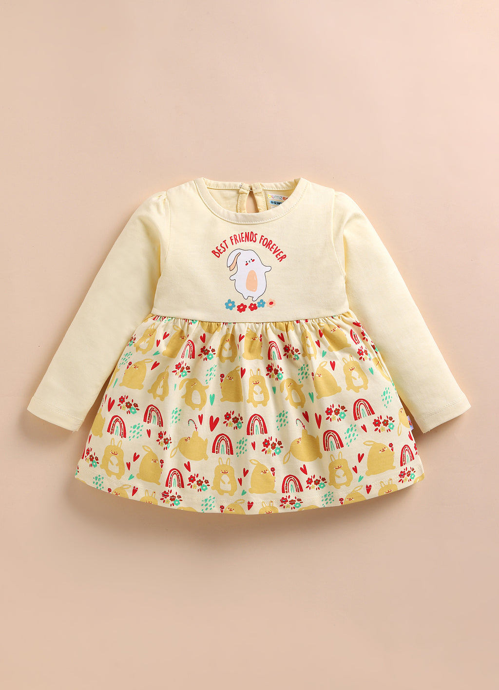 Bumzee Beige Animal Print Frock, Full Sleeves, 100% Cotton