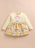 Bumzee Beige Animal Print Frock, Full Sleeves, 100% Cotton