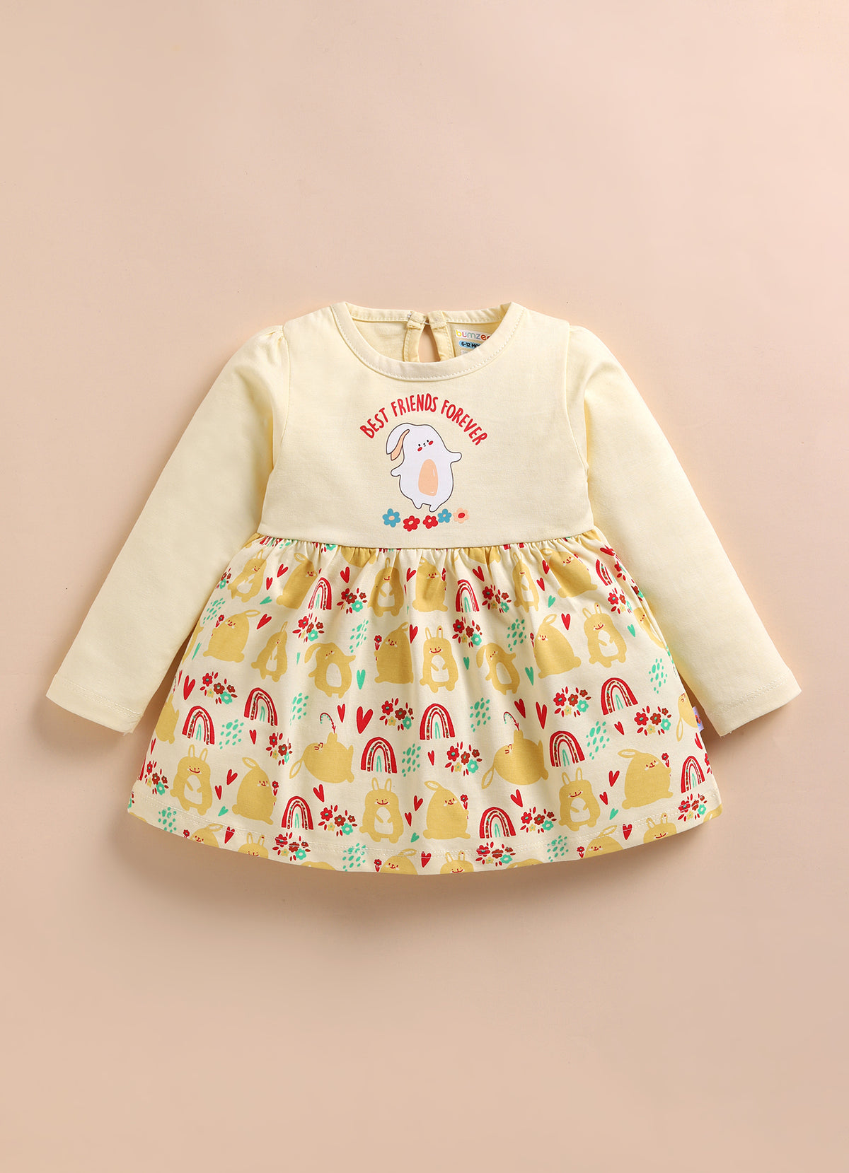 Bumzee Beige Animal Print Frock, Full Sleeves, 100% Cotton