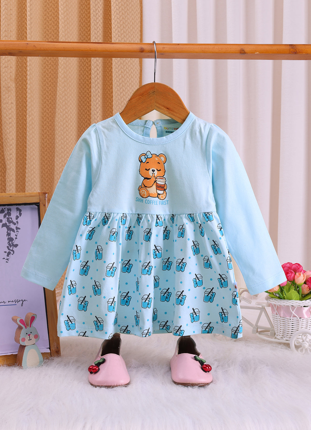 Bumzee Sky Blue Graphic Print Frock, Full Sleeves, 100% Cotton