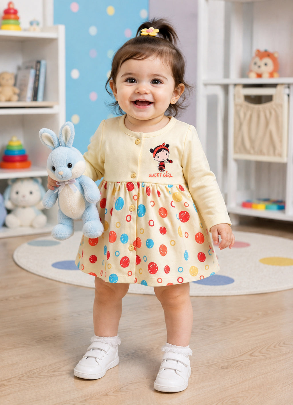 Bumzee Beige Graphic Print Frock, Full Sleeves, 100% Cotton