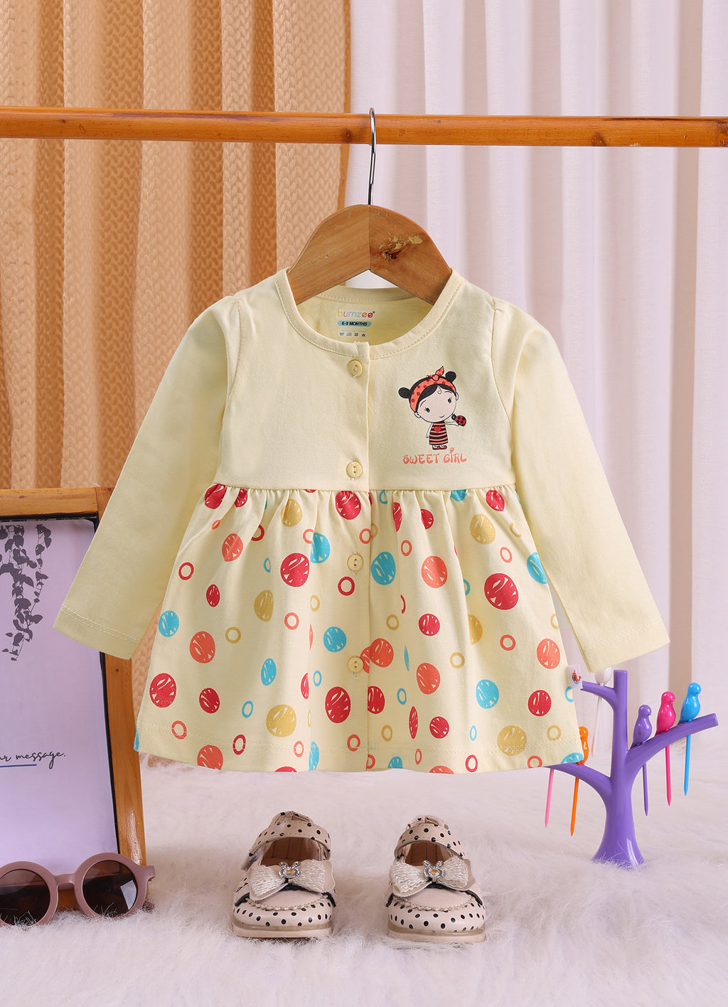 Bumzee Beige Graphic Print Frock, Full Sleeves, 100% Cotton