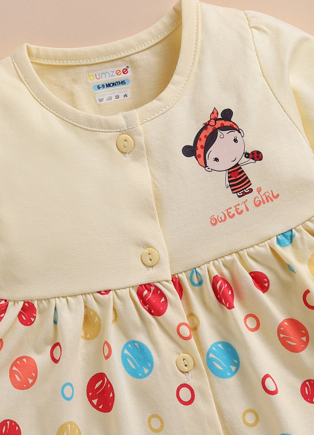 Bumzee Beige Graphic Print Frock, Full Sleeves, 100% Cotton
