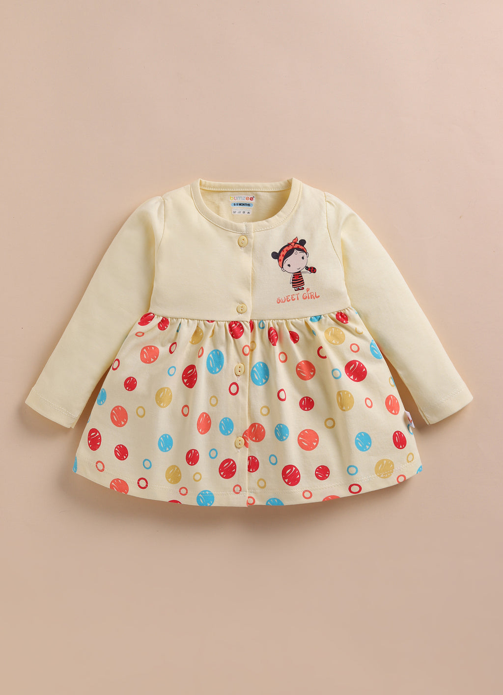 Bumzee Beige Graphic Print Frock, Full Sleeves, 100% Cotton